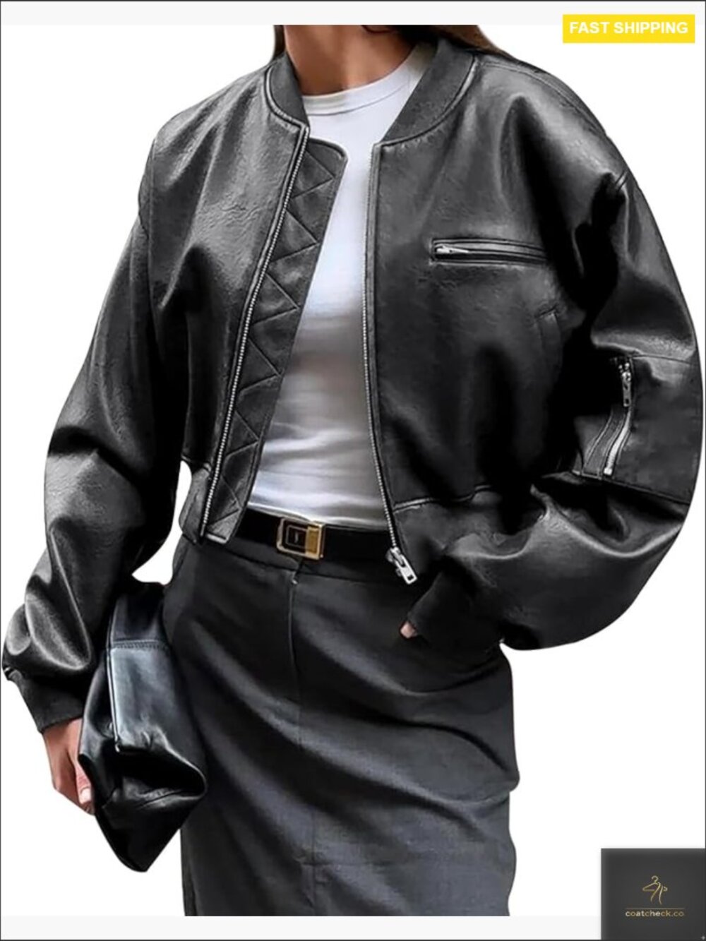 Faux Leather Bomber Jacket Cropped Baseball Collar Zip Up Biker Style